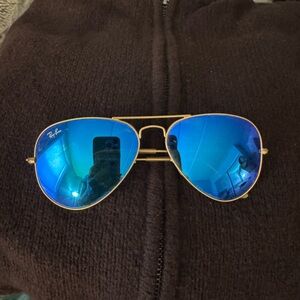 Ray-Ban Gold Frame Sunglasses with Reflective Blue Lenses